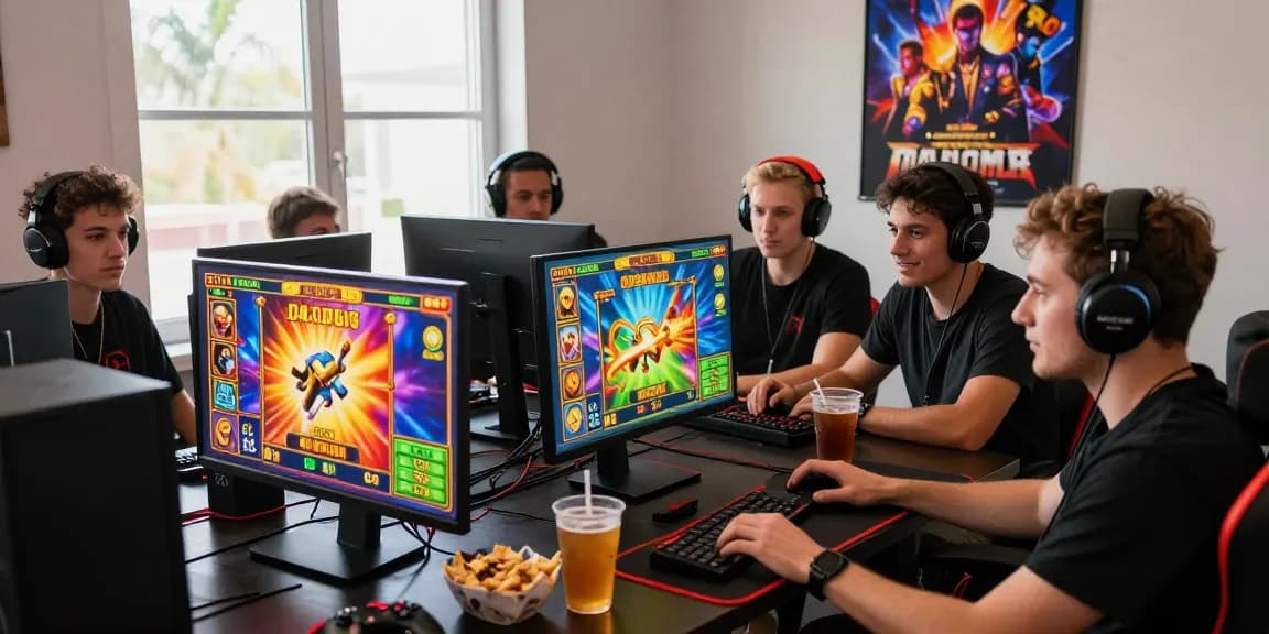 Exciting online gaming with friends focusing on slot deposit 5k game, colorful animations, lively atmosphere, and glowing screens.