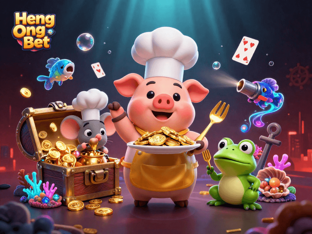 Experience winning at Heng Ong Bet with a vibrant underwater casino scene featuring chefs and gold treasures.