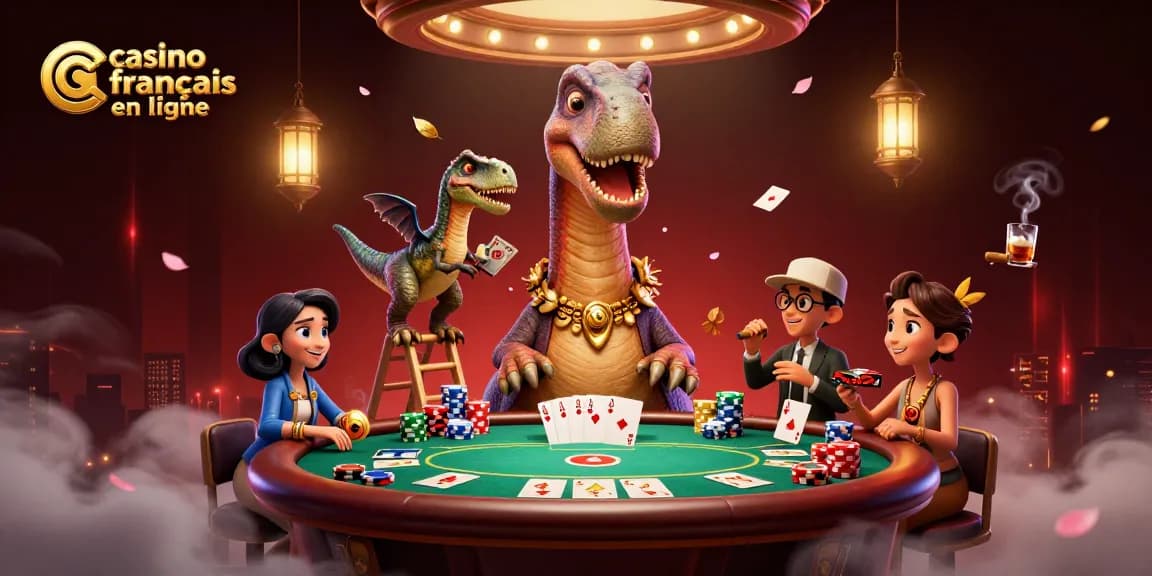 Jouez aux jeux passionnants de casino français en ligne avec une illustration animée de dinosaures.