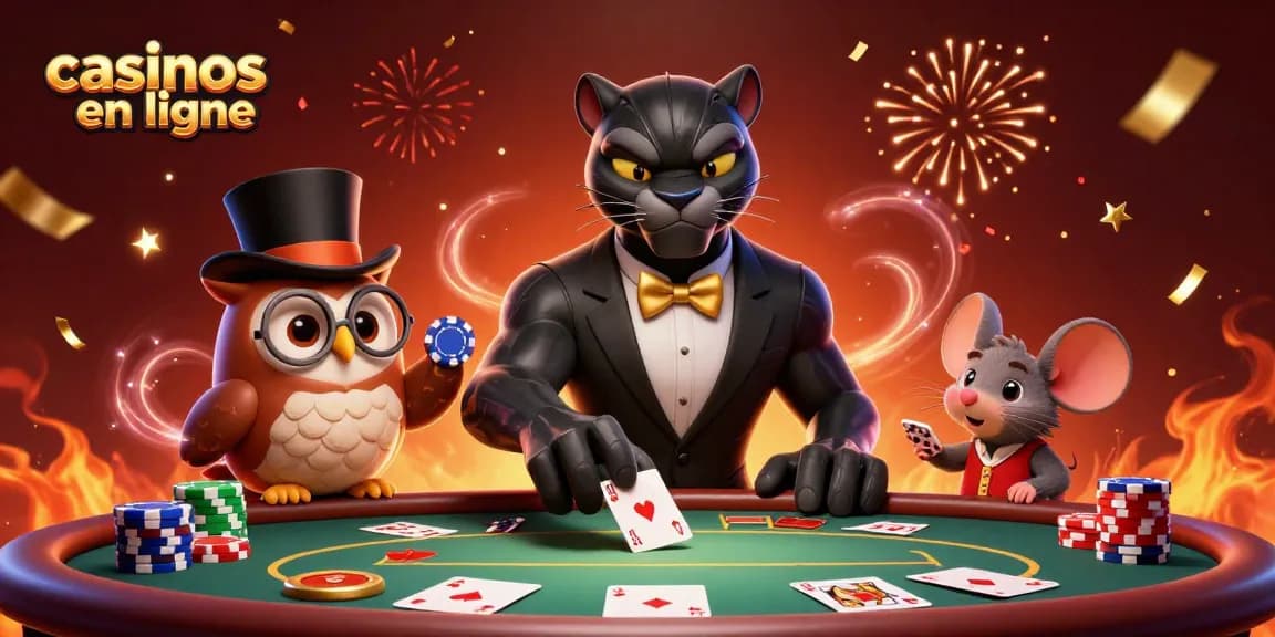 Les casinos en ligne éblouissent avec une illustration 3D montrant une panthère élégante et des personnages gagnants.
