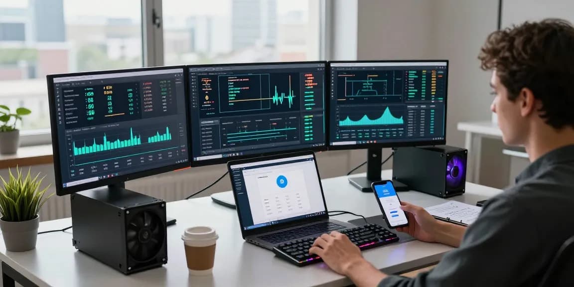 Bitcoin mining online setup showcasing modern cryptocurrency mining statistics, digital wallet balance, and advanced mining rigs in a professional home office.
