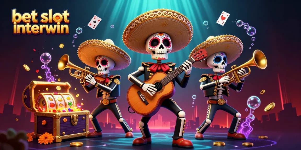 Bet slot interwin with 3D cartoon skeleton mariachi band surrounded by animated casino elements and treasure