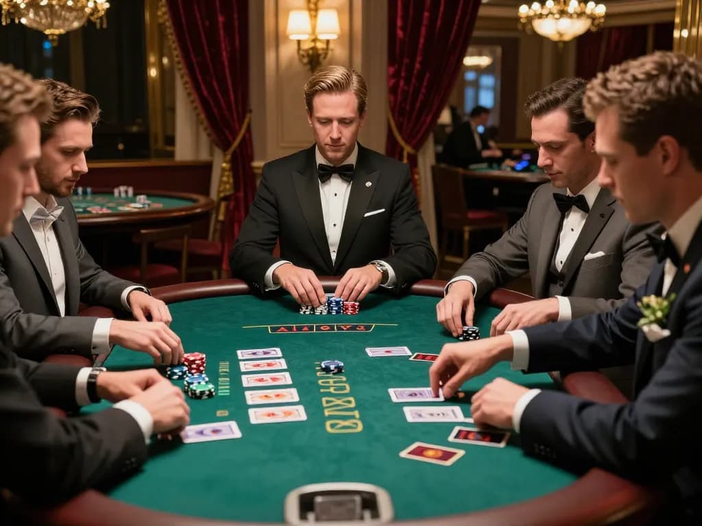Engaged players at https://56win.bid/ blackjack table showcasing strategic gameplay and luxury atmosphere