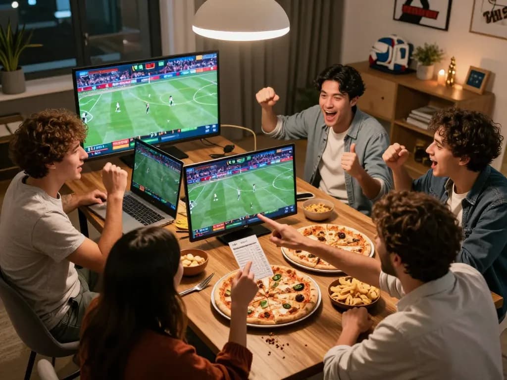 Engaging sports betting scene at home with friends, showcasing excitement around c168 betting slips and live games.