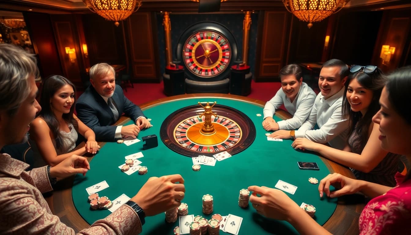 Jeu de poker captivant au meilleurs casino en ligne mettant en valeur des jetons et des cartes vibrants.
