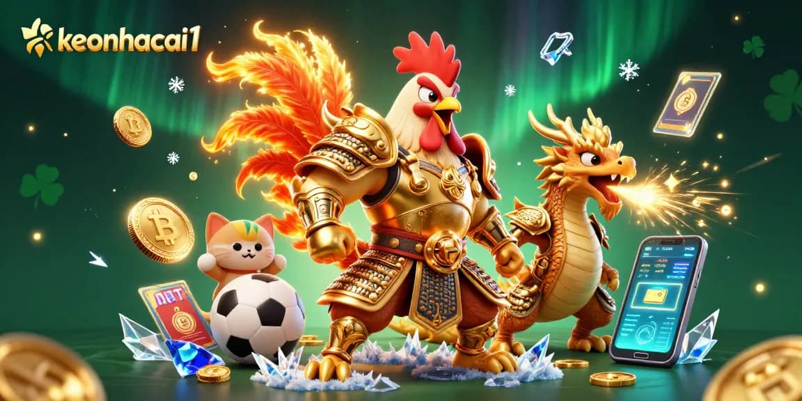 Place bets with keonhacai1 featuring a fighting rooster in samurai armor and a dragon hatchling, powered by cryptocurrency.