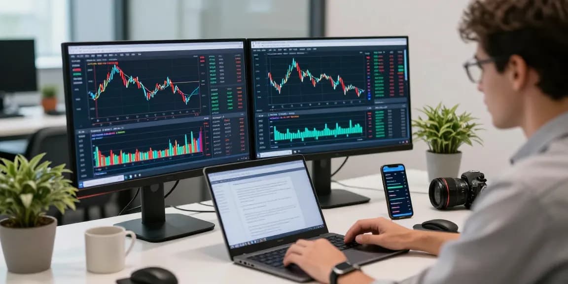 Trader using MetaTrader 4 software in a modern office environment with multiple screens.