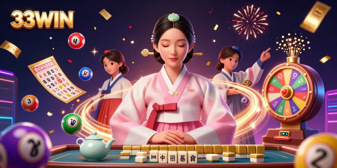 Experience exciting games with 33WIN, showcasing lottery balls and a prize wheel.