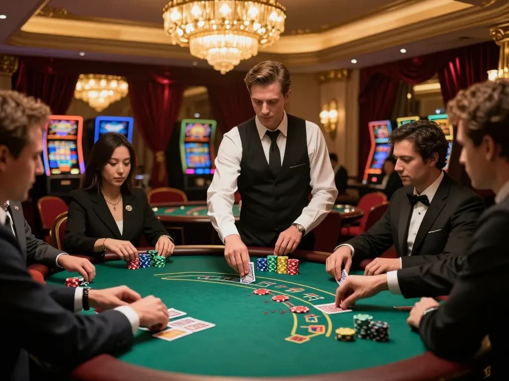 TX88 blackjack game in a luxurious casino setting with players and dealer captured in action.