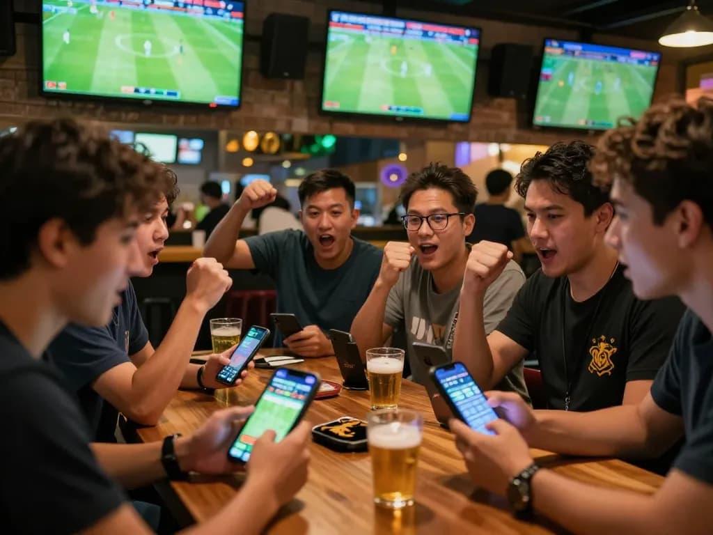 Bóng đá Bet168 betting scene with fans cheering and engaging in live matches at a sports bar.