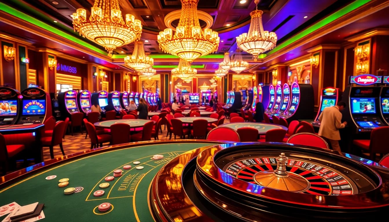 Experience the excitement of MM88 with a luxurious casino scene featuring vibrant gaming tables and thrilling gameplay.