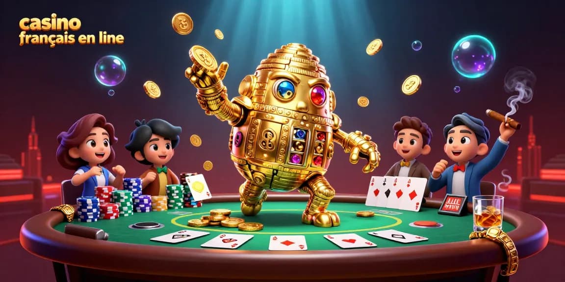 Jouez au casino français en ligne avec un golem d'or entouré de jeux de poker dynamiques.