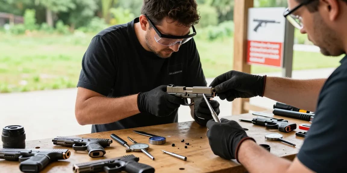 Customizing Glock slides at https://precisionglockslides.com in a detailed outdoor shooting range setup with tools and models.