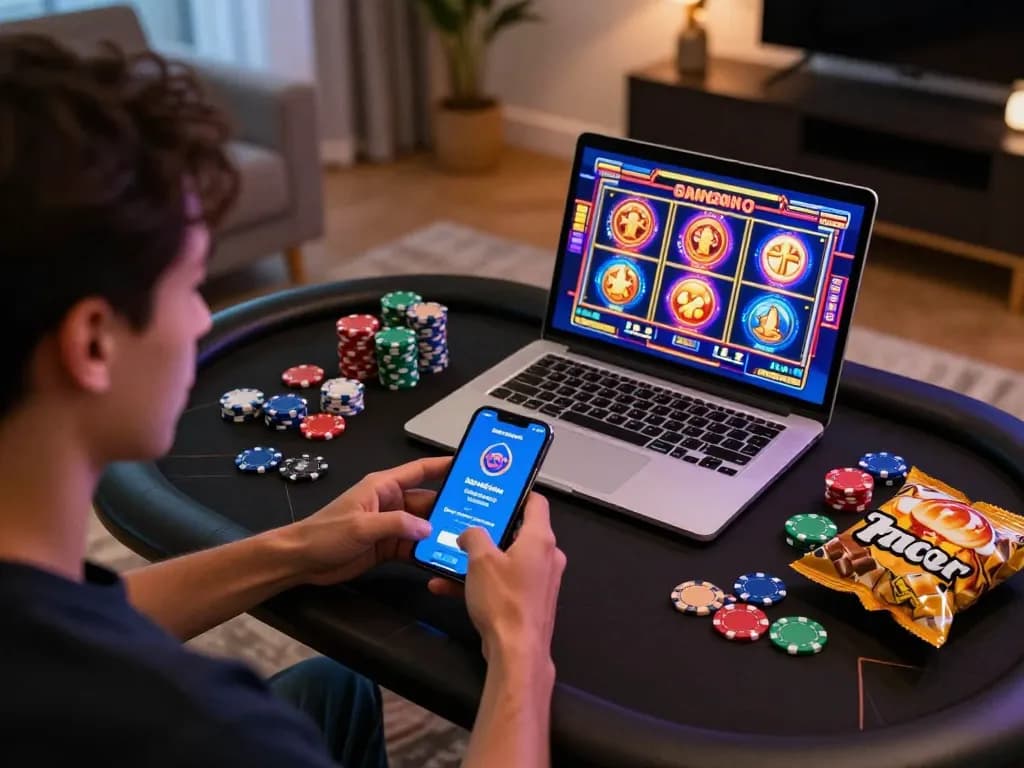 Playing online slot with link gacor on smartphone, showcasing a cozy home gaming atmosphere.
