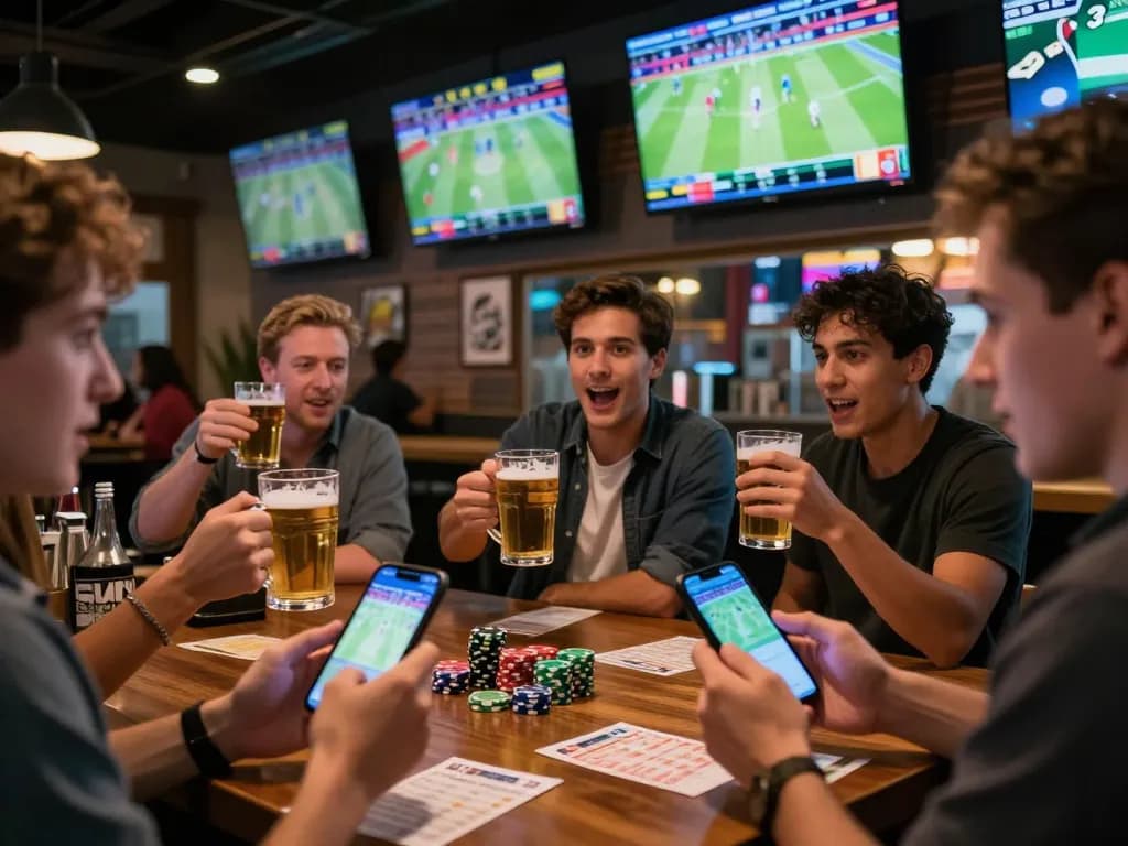 Excited patrons engaging in sports betting at a bar, with mobile apps and live games on screens, showcasing va88