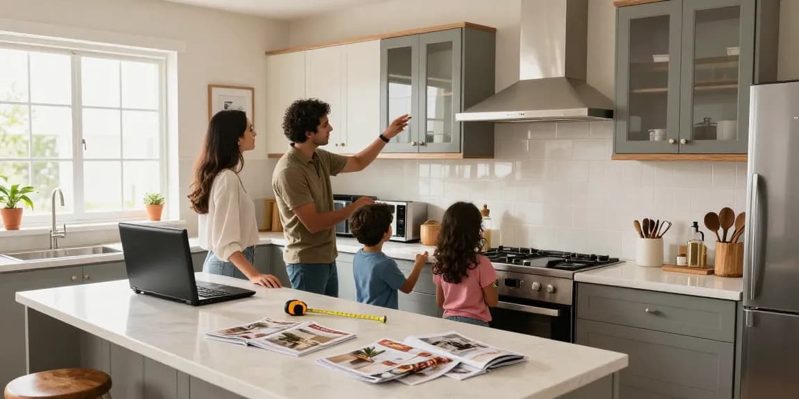 شراء مطابخ مستعملة بالرياض with a family exploring pre-owned kitchen options in a bright, modern setting.