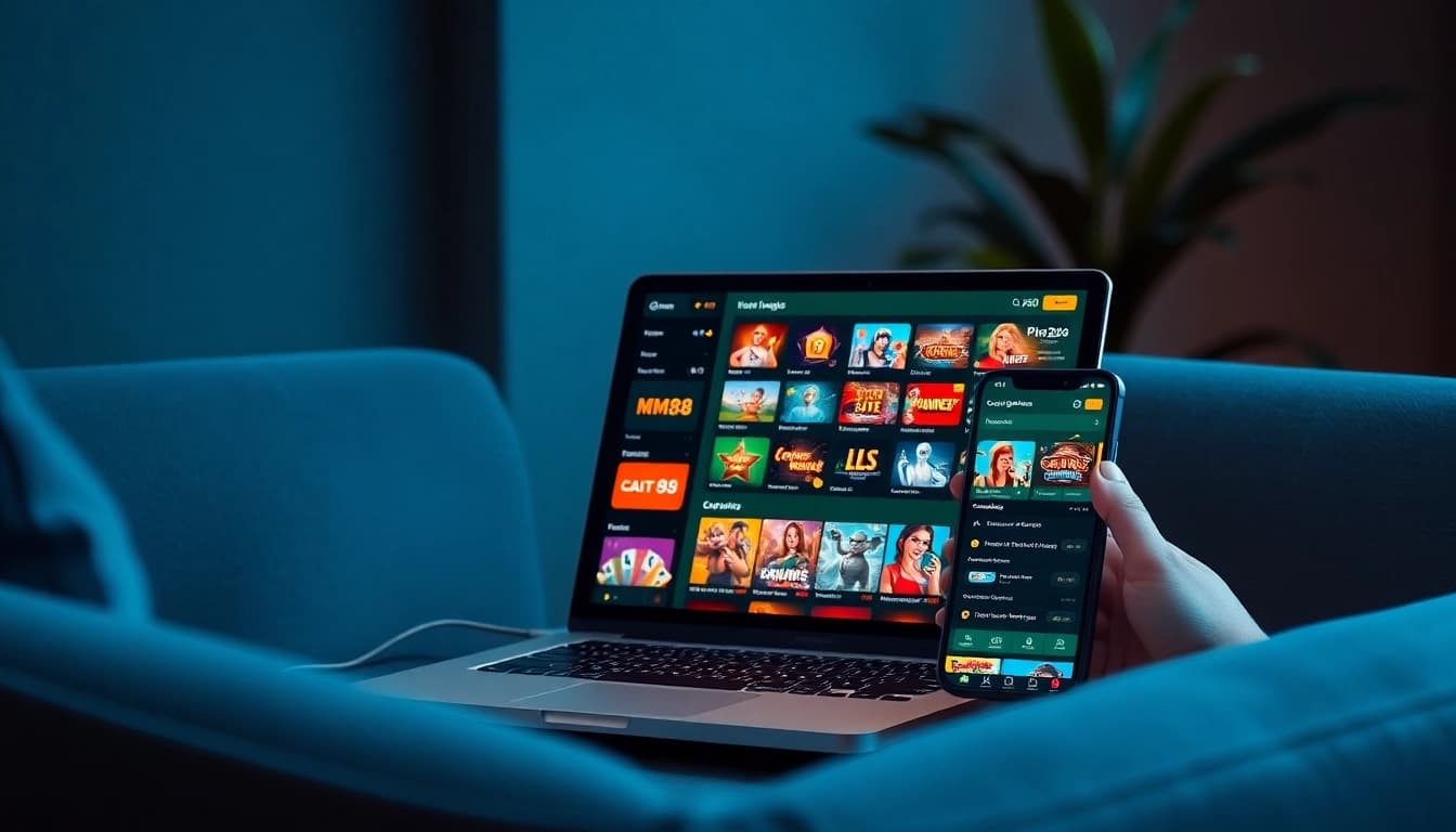 MM88 online gambling interface on laptop and smartphone showcasing user-friendly navigation and vibrant games.
