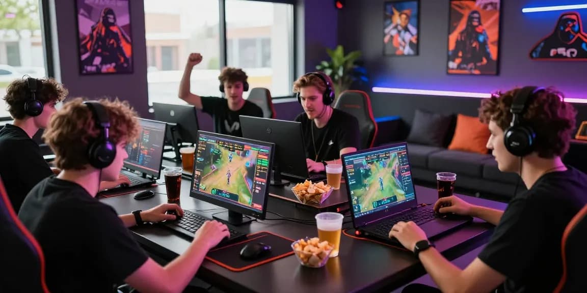 Players engaged with shbet platform during an exciting esports betting event in a lively gaming room.