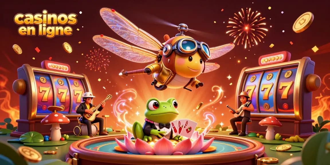 Jouer dans les casinos en ligne avec un pilote libellule et un croupier grenouille entourés d'éléments festifs.
