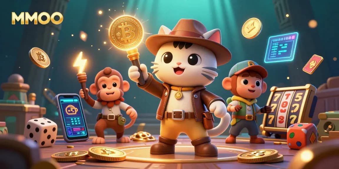 Engage with MMOO in this vibrant casino adventure featuring an explorer cat and treasure.