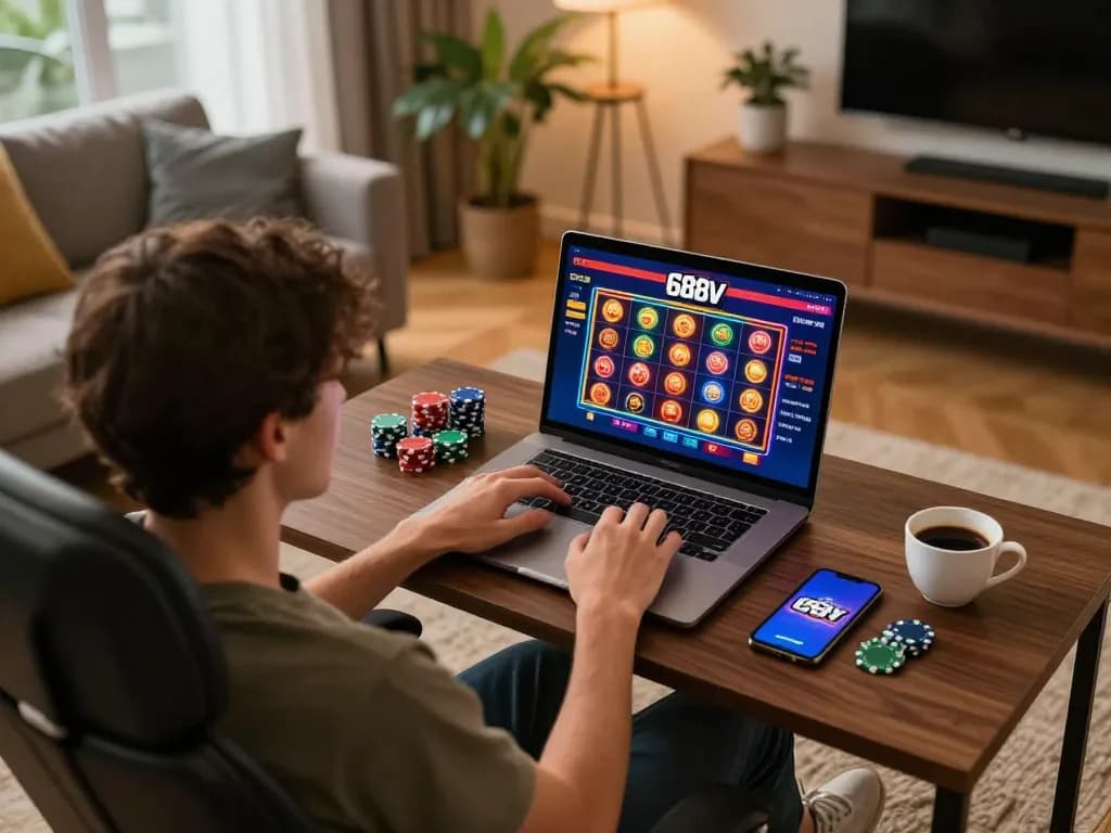 Player using 688v online casino platform at home, engaging with poker and slot graphics on laptop