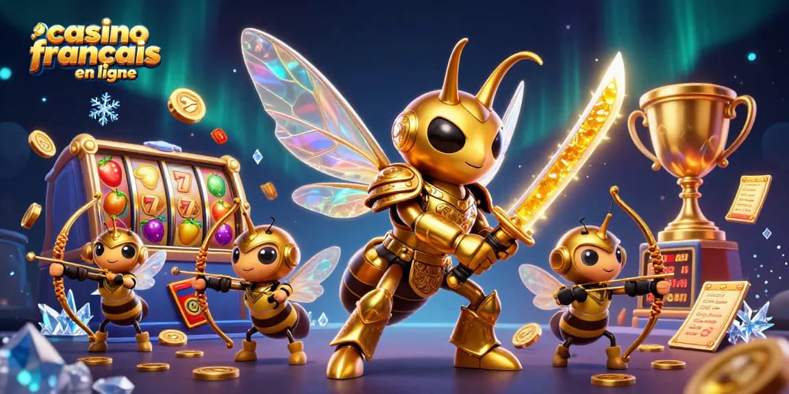 Plongez dans l'univers du casino français en ligne avec cette illustration captivante de machines à sous et personnages animés.