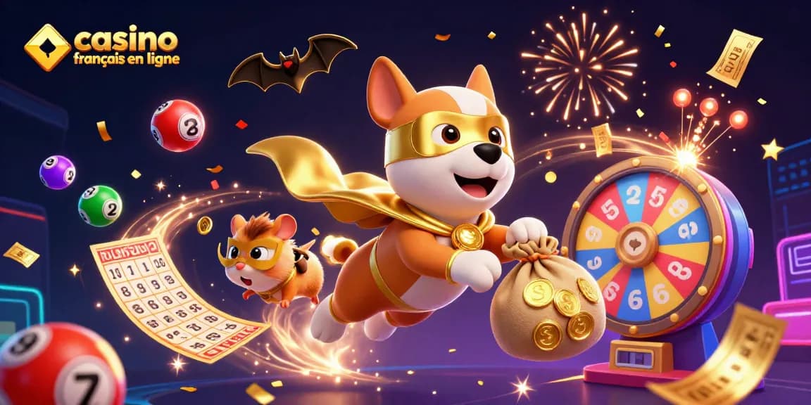 Découvrez l'univers du casino français en ligne avec un chien super-héros et des balles de loterie colorées.