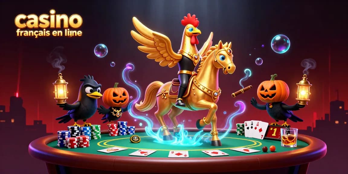 Découvrez un casino français en ligne dynamique avec un coq d'or à cheval, entouré de jeux de poker.