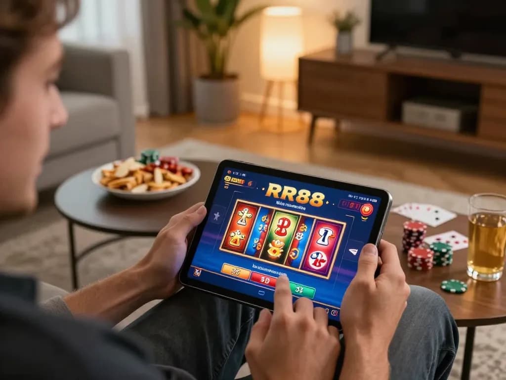 Engaging in online gambling at RR88 with vibrant tablet gameplay and cozy home setting.