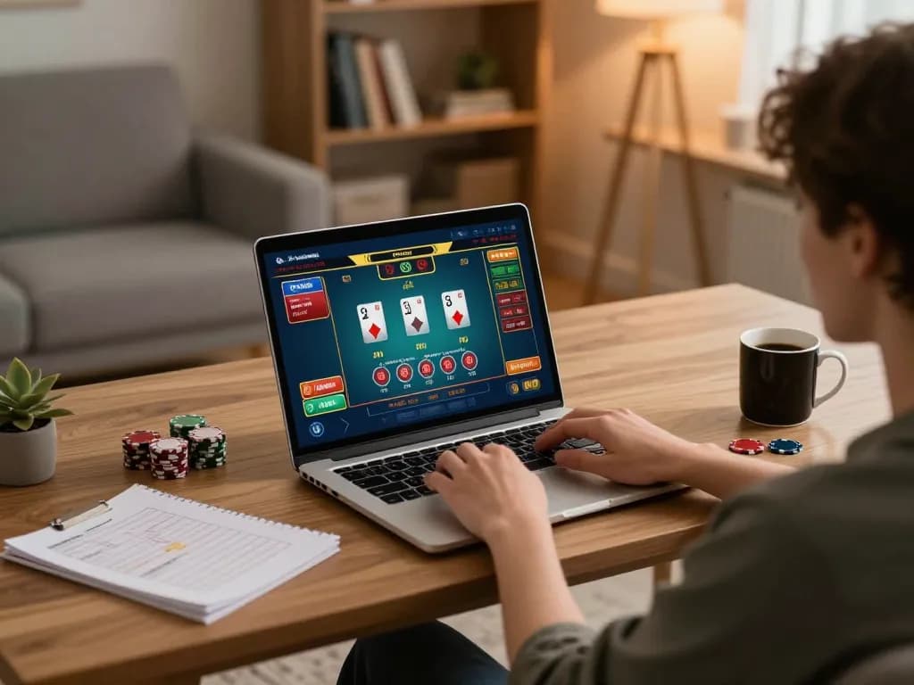Engaging in online poker betting at 99win from a cozy home office, showcasing vibrant game interface and strategy