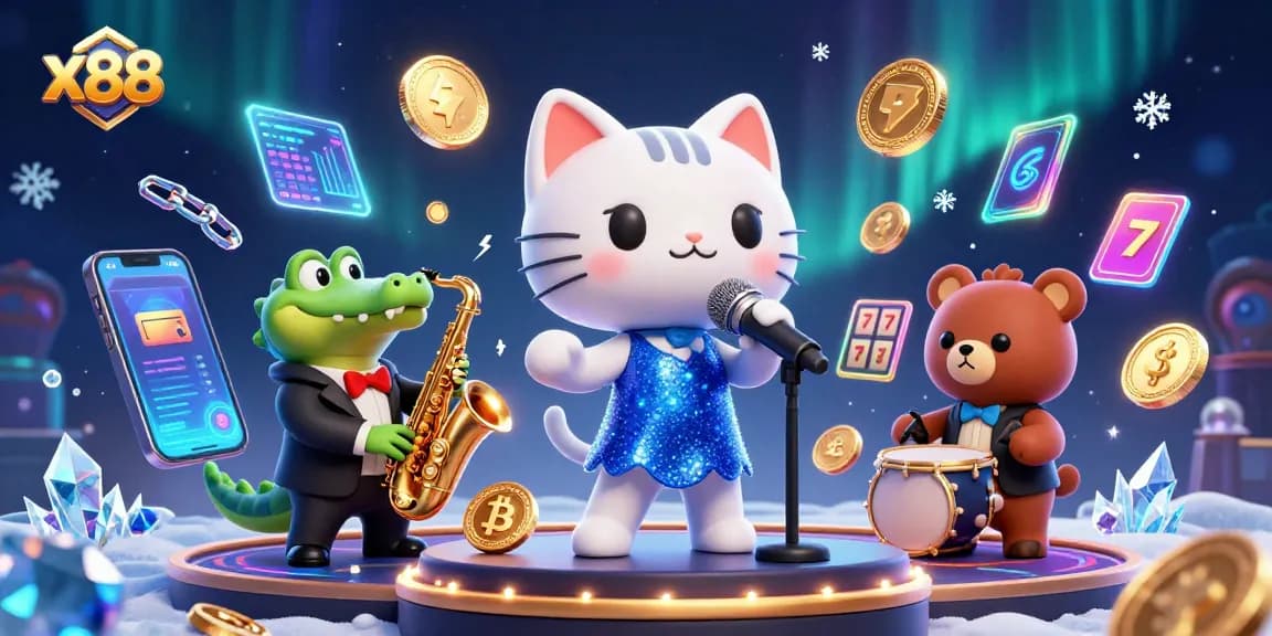x88 showcases a vibrant casino scene with animated characters singing and playing music, layered with Bitcoin and Ethereum coins.