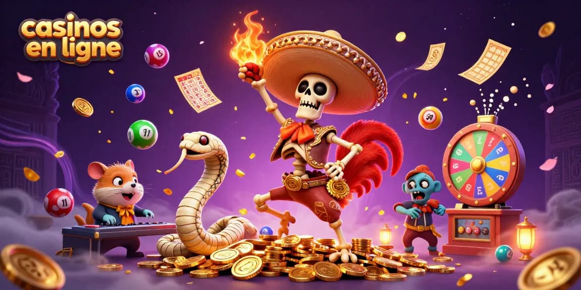 Casinos en ligne : animation festive avec un rooster mariachi et des éléments de loterie colorés.