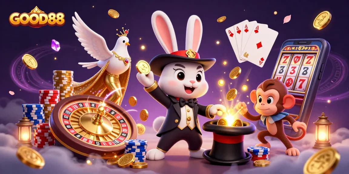 Enjoy the thrilling atmosphere of GOOD88 with a magician, a dove, and a playful monkey amidst dazzling casino elements.