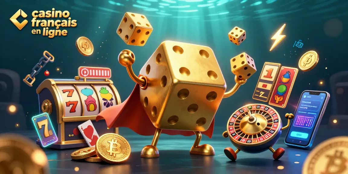 Profitez de l'excitation au casino français en ligne avec des dés dorés et des roulettes animées.