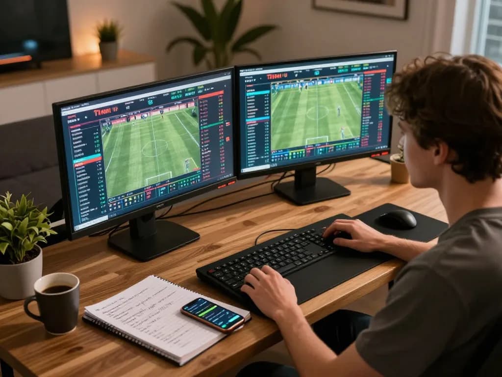 Capturing the strategic environment of keonhacaii88 with a focused individual analyzing live betting odds in a modern gaming setup