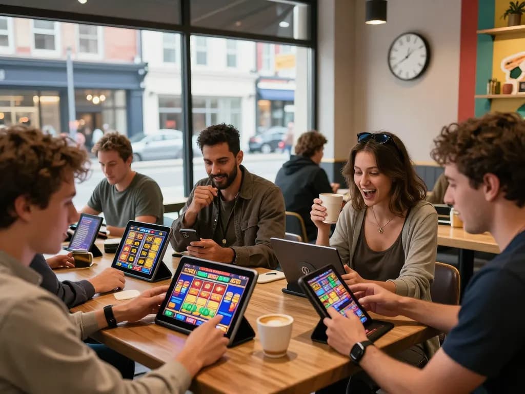 Players enjoying zeus138 online slots at a vibrant café, showcasing excitement and engagement.