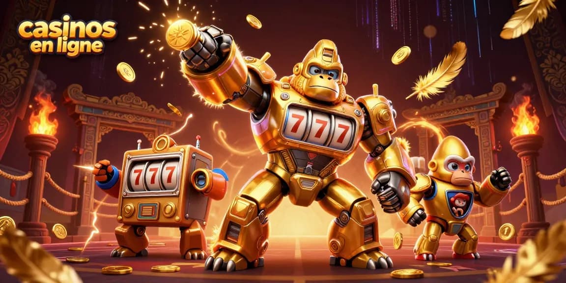 Gagnez aux casinos en ligne grâce à un mech gorille en or qui évoque la richesse et l'excitation.