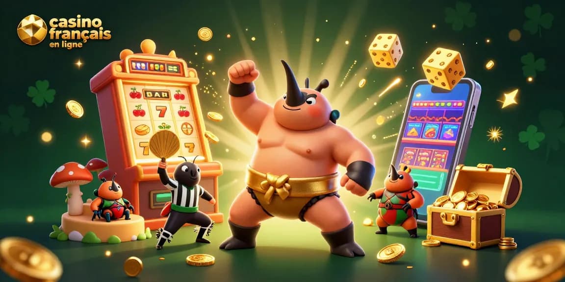 Illustration dynamique montrant le casino français en ligne avec un scarabée sumo champion et des éléments de jeu captivants.