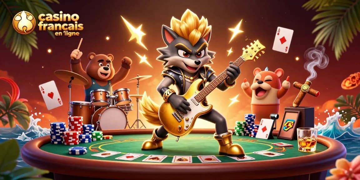 Profitez d'une expérience immersive dans le casino français en ligne avec un loup rock star et un ours batteur.