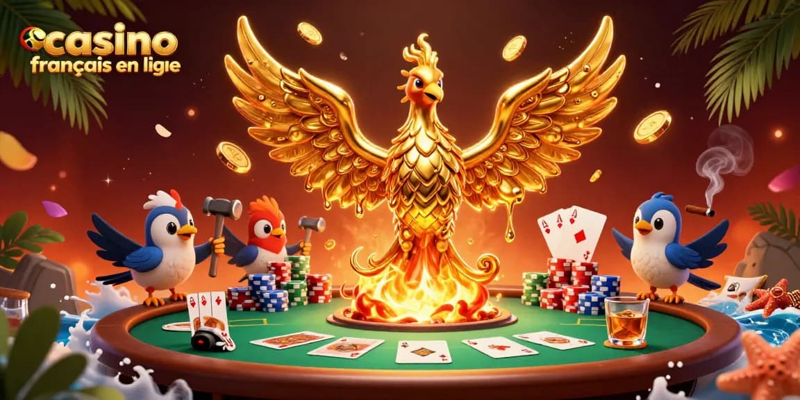 Jouez au casino français en ligne avec un phoenix doré émergeant et des jetons de poker riches en couleurs.