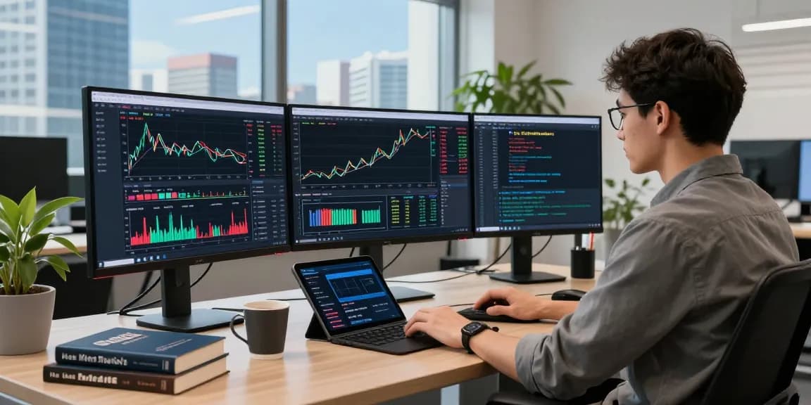 mt5 user analyzing live market data with advanced trading tools in a sleek office environment