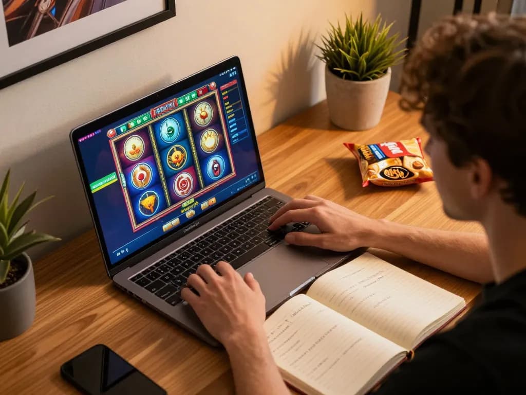 Engaging in alexis77 slot gameplay on a laptop, cozy gaming setup with strategic notes.
