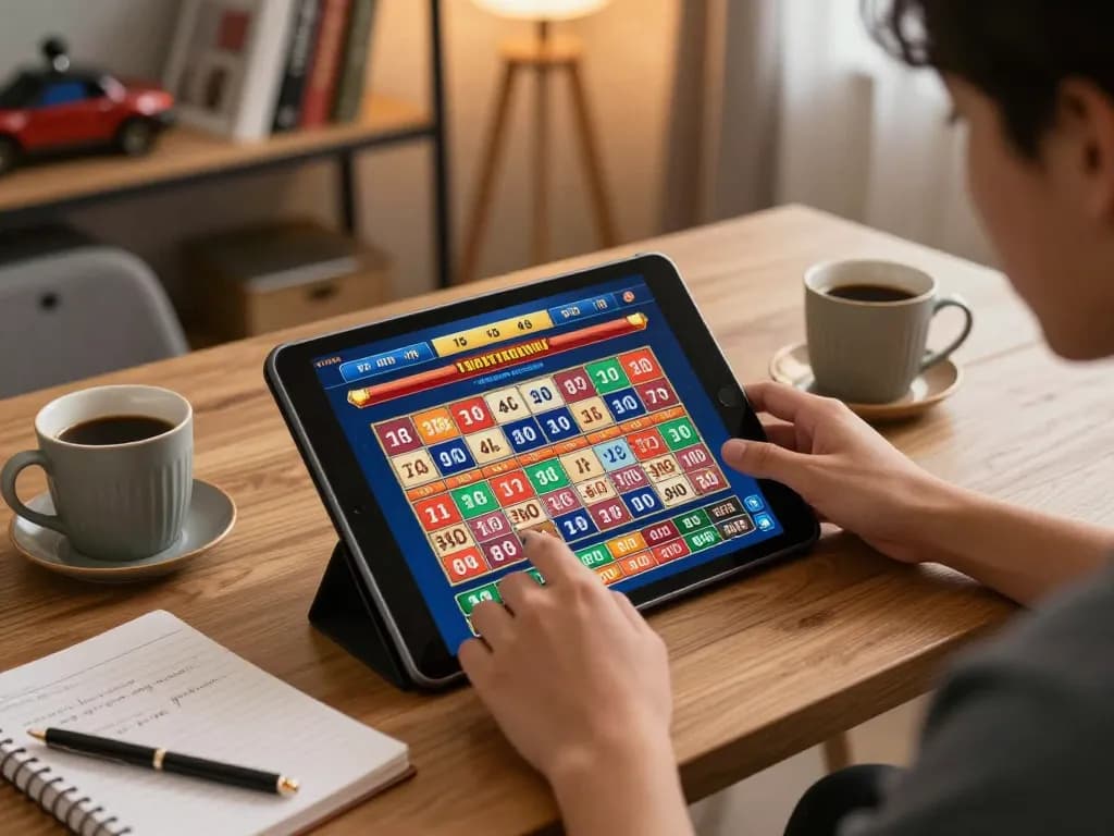 Bermain permainan toto togel di tablet di kantor rumah yang nyaman, menekankan pada kegembiraan perjudian online.