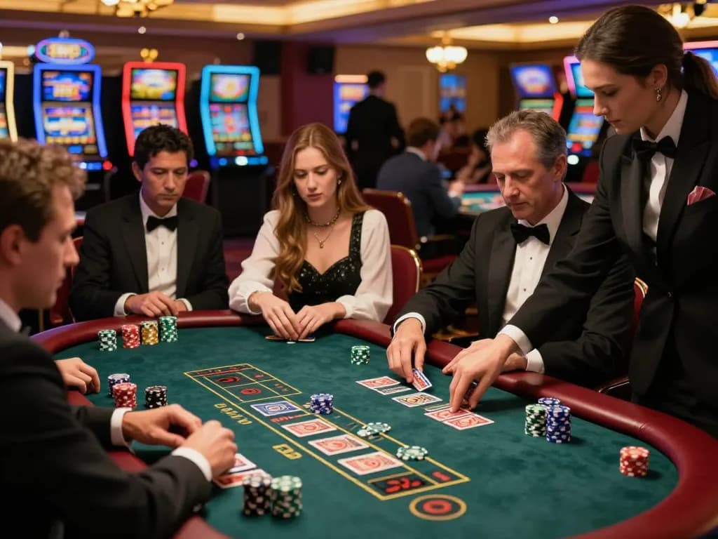 DA88 blackjack table scene showcasing focused players and precision dealing in an upscale casino.