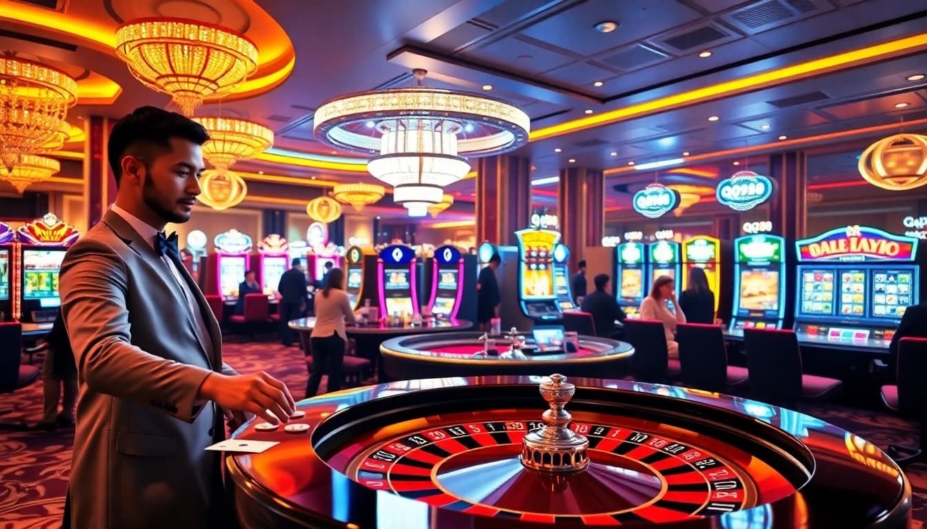 Exciting casino scene with QQ88 branding, featuring roulette, slot machines, and players.