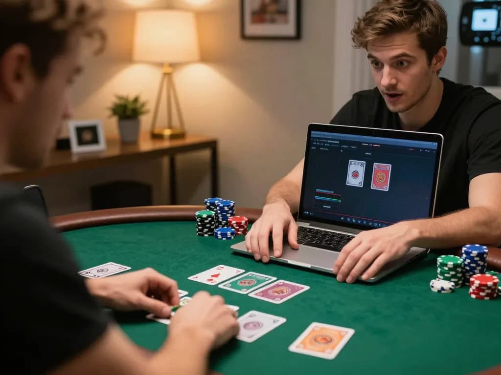 W188 player calculating odds at home during an online poker game with focused expression