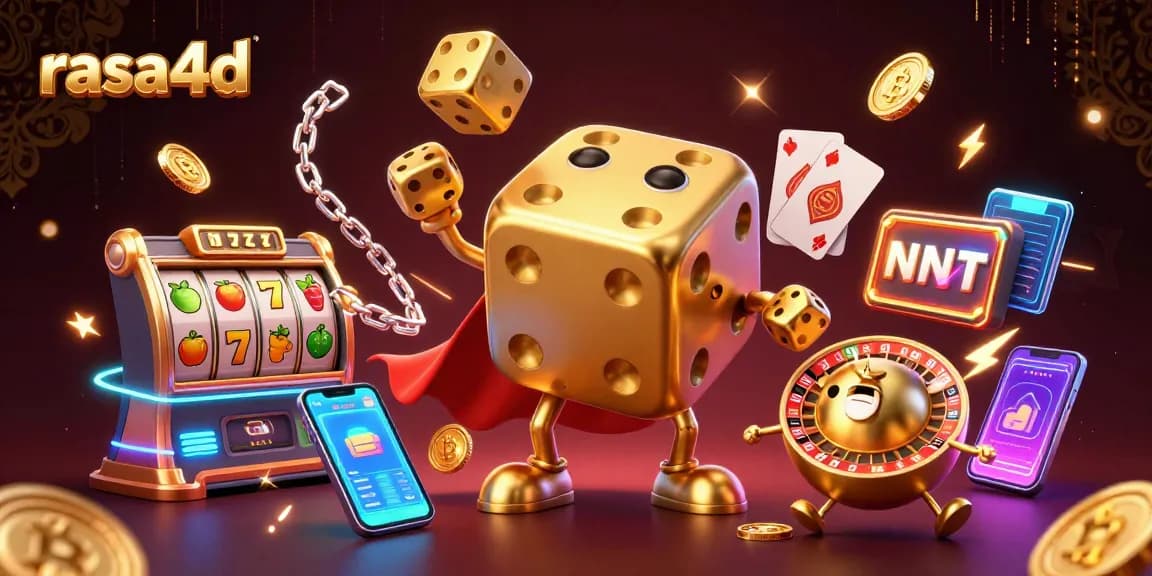 Gulir dadu emas raksasa di kasino rasa4d dengan simbol slot yang menarik.