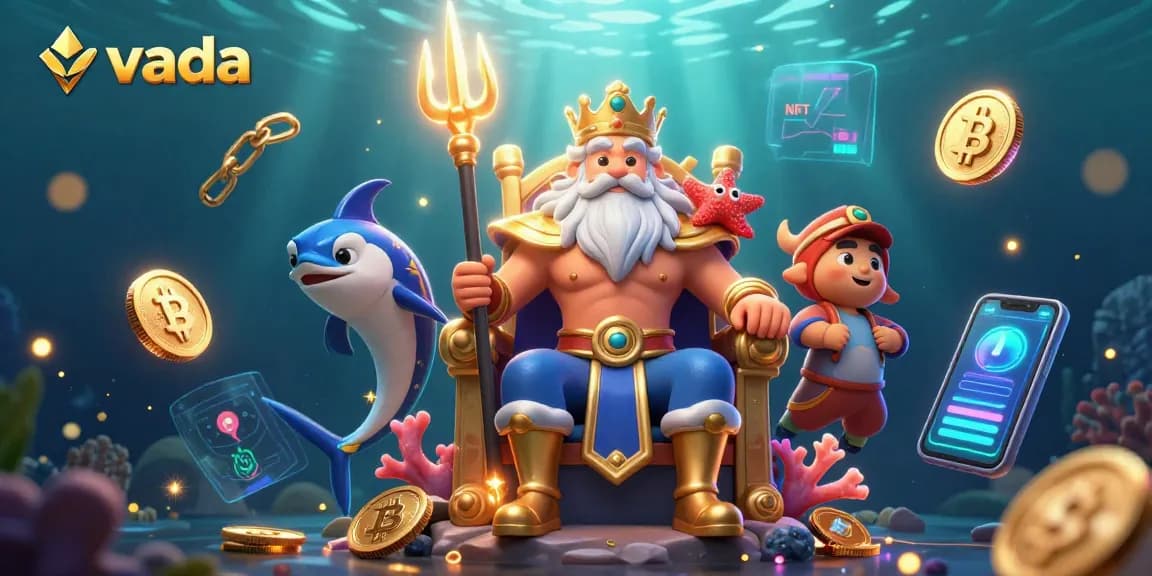 Play at vada with Neptune and samurai guardian among crypto coins and vibrant gaming elements.