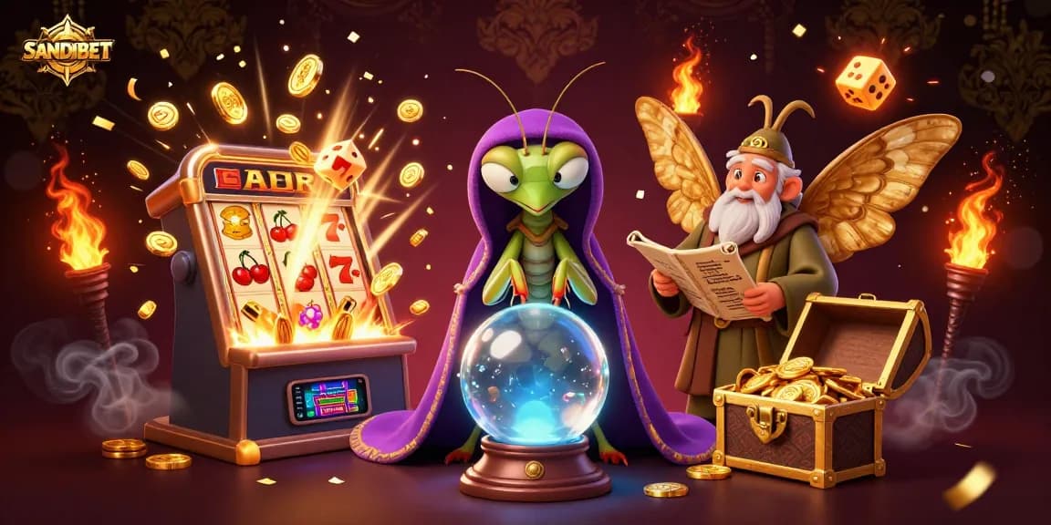 SANDIBET platform showcases a magical casino scene with captivating characters and vibrant game elements.