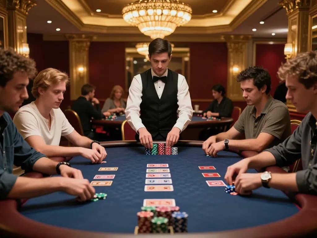 Experience thrilling gameplay at 888b poker table with engaged players and luxurious casino ambiance